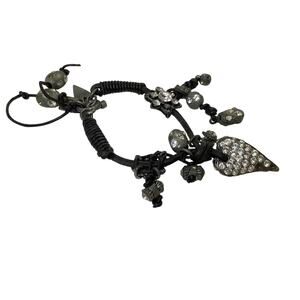 Rodrigo Otazu VTG Black Cord Crystal Flower Heart Beaded Charm Bracelet A6-35
